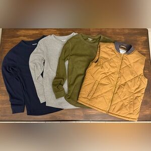 Old Navy Boys' Brown Quilted Vest and 3 waffle knit long sleeve tshirts